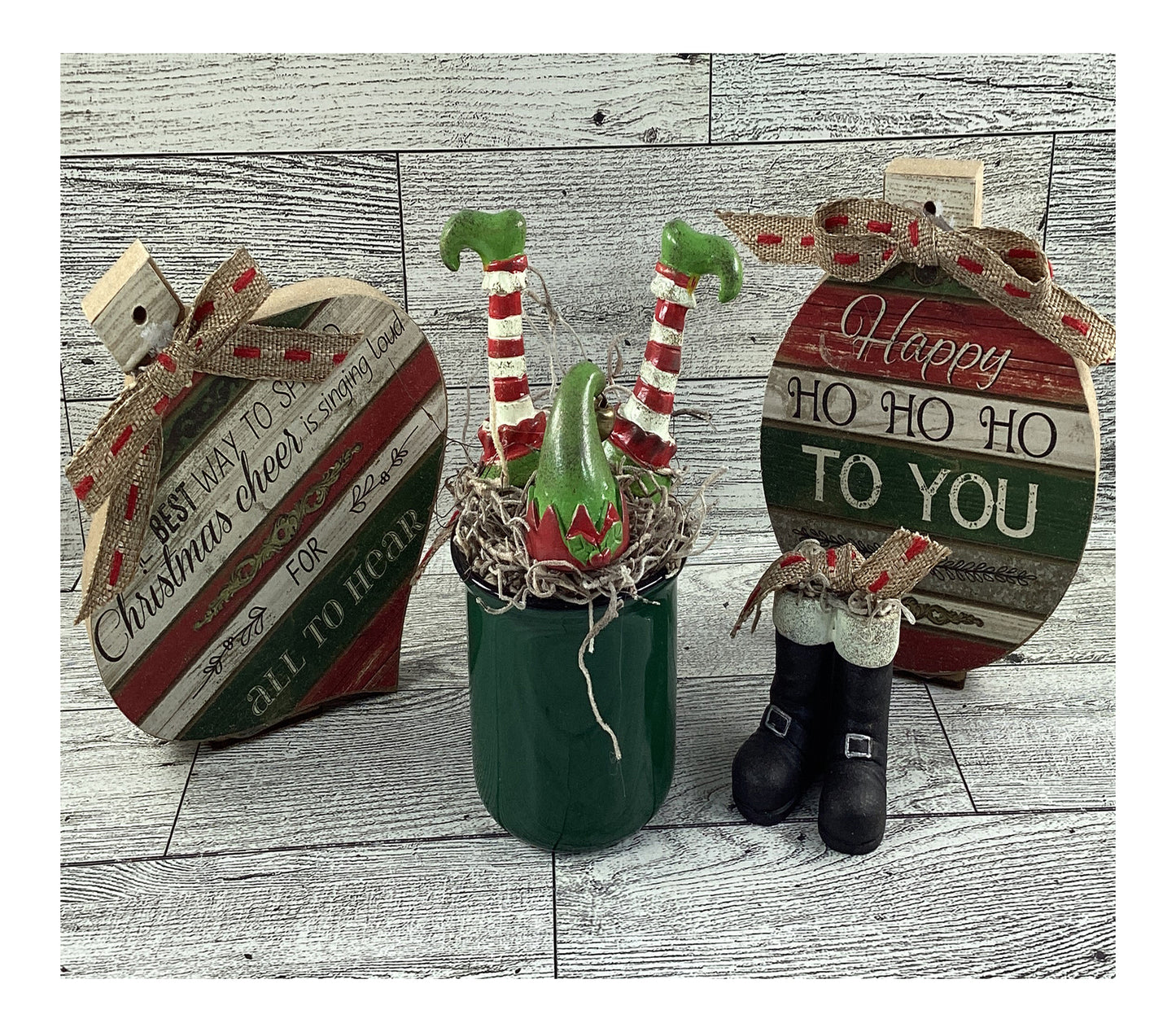 AGD Christmas Decor - Elf  Santa Boots Prim Bulbs Ornaments Tier Tray 4pc Set