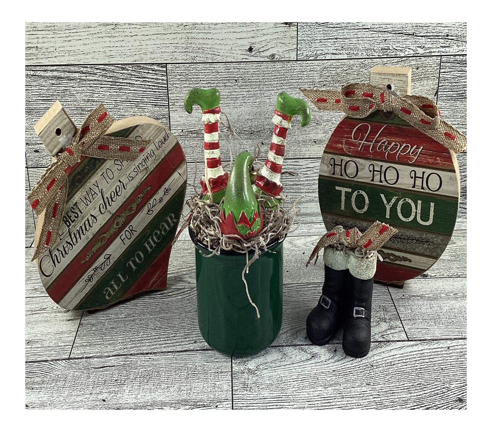 AGD Christmas Decor - Elf  Santa Boots Prim Bulbs Ornaments Tier Tray 4pc Set