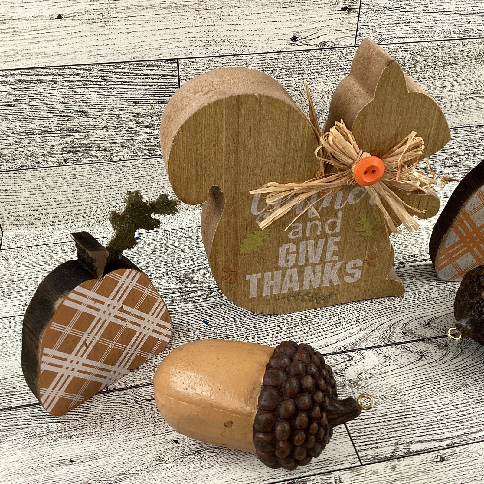 AGD Fall Decor - Chunky Wood Give Thanks Squirrel Pumpkins Resin Acorns 5pc