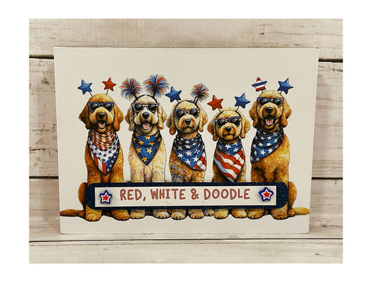 AGD Patriotic Decor - Red White Doodle Puppy Dog Pet Box Sign