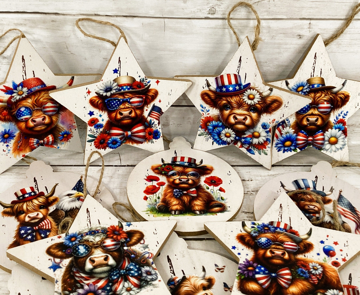 AGD Patriotic Decor - July 4th Highland Cow Ornaments 12pc Set