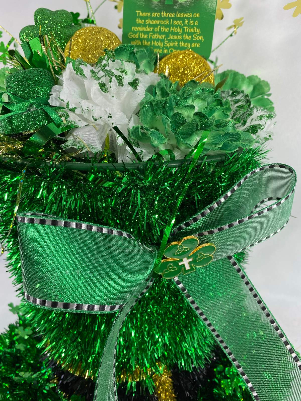 AGD St Patrick's Decor - Large Green Lighted Tinsel Tophat Centerpiece