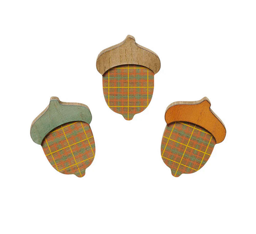 Fall Decor -  Wood Plaid Acorns Tier Tray Decor 3pc Set