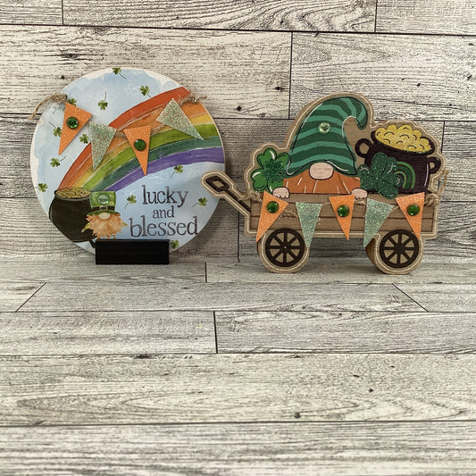 AGD St Patrick's Decor - Lucky Blessed Gnome Chunky Wagon Sign 2pc Set