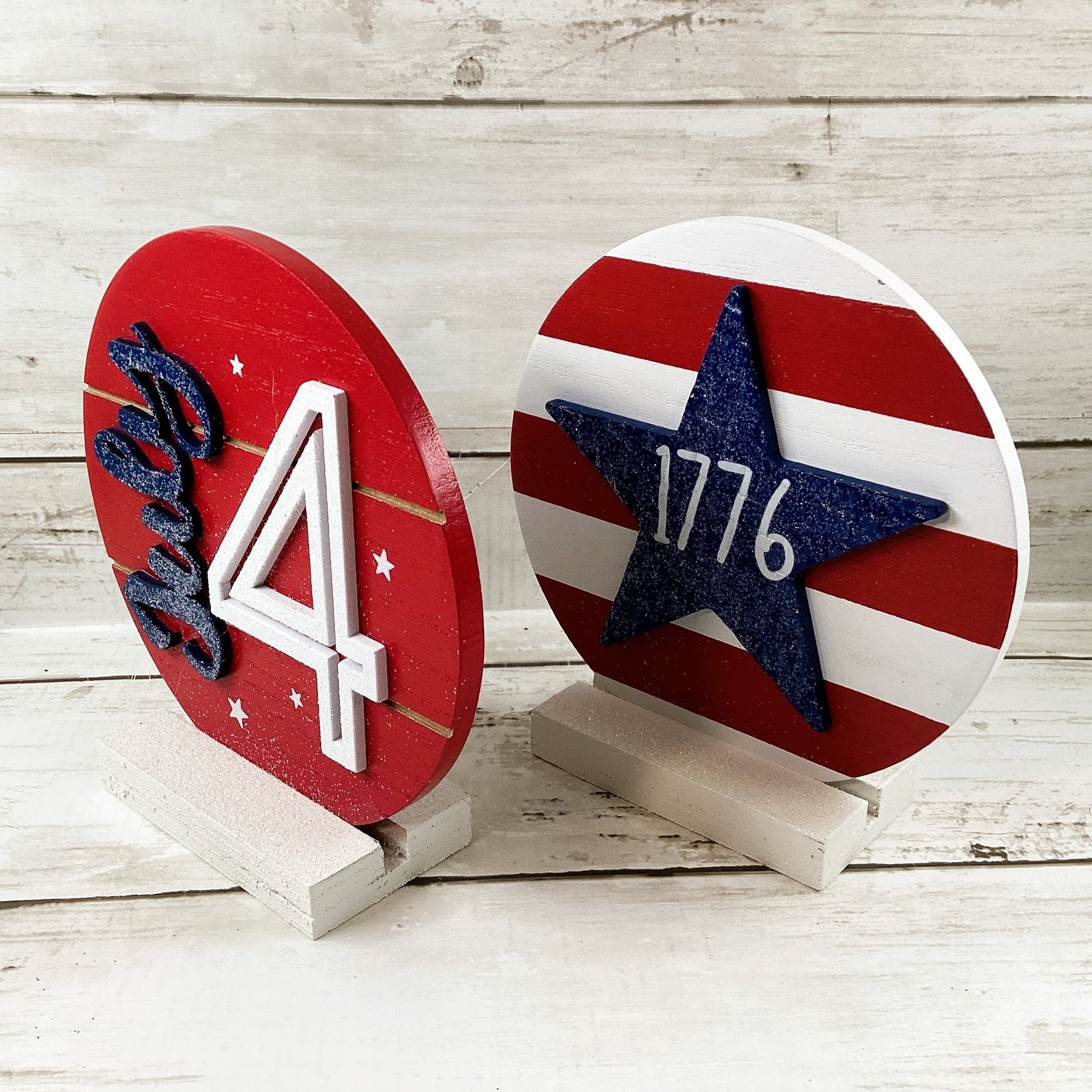 AGD Patriotic Decor - July 4th 1776 3-D Ship-lap Wood Tier Tray Signs 2pc Set