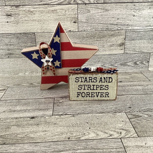 AGD Patriotic Decor - Stars Stripes Block Sign Chunky Wood Star Sitters 2pc Set