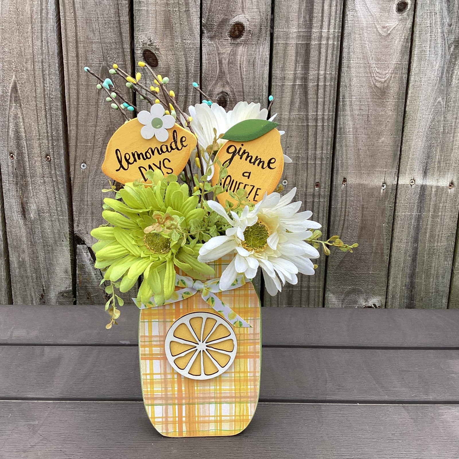 AGD Spring Decor - Summer Lemon Theme Floral Wood Mason Jar Display