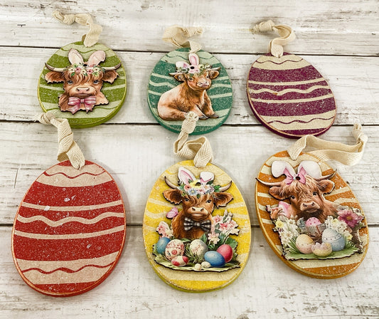 AGD Easter Decor - Pastel Highland Cow Ornaments 6pc Set
