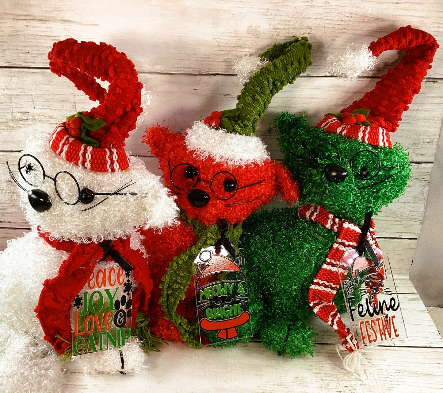 AGD Christmas Decor - Red Green White Fluffy Cat Sitters 3pc Set