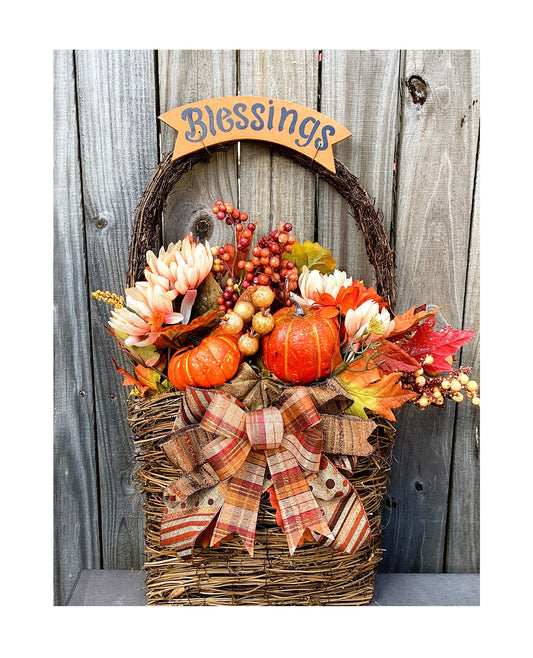 AGD Fall Decor - Large Blessings Grapevine Basket Harvest Floral Wreath