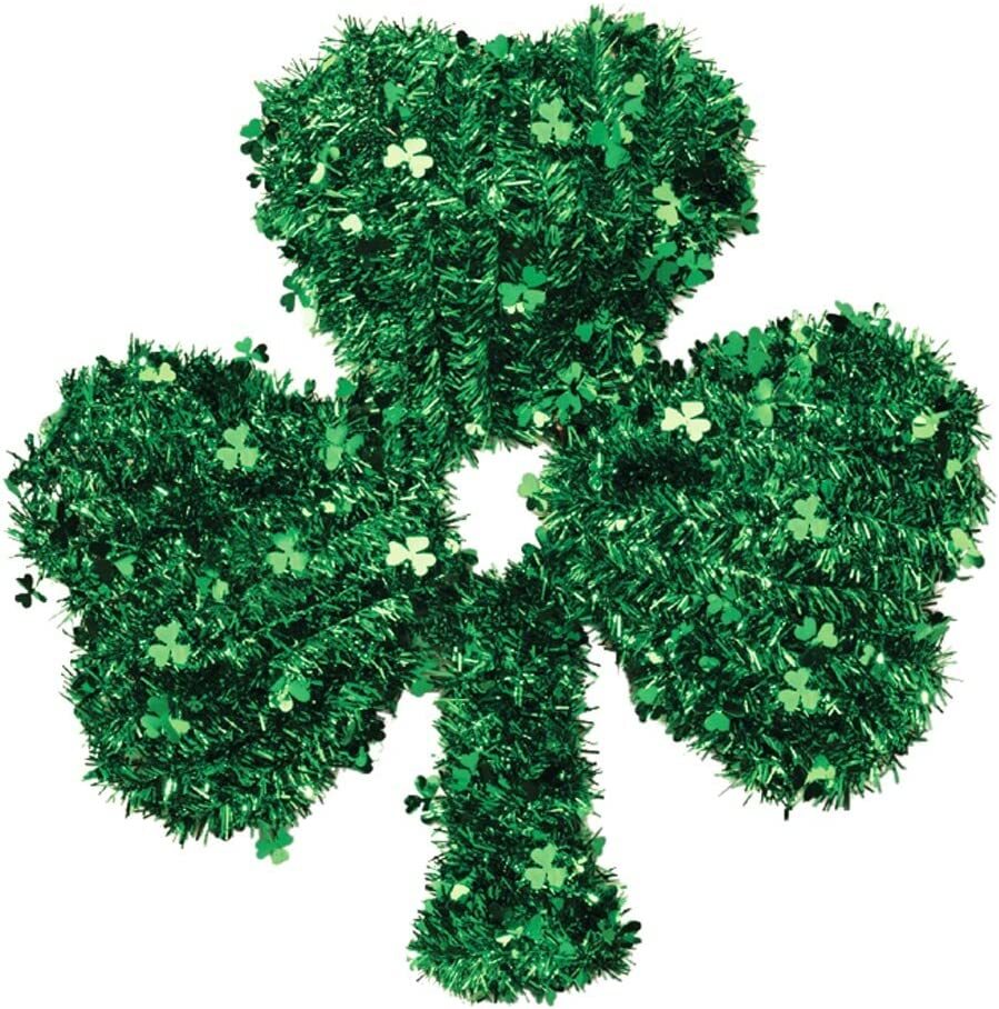 HL St Patrick's Day Decor - Tinsel 3 Leaf Clover Shamrock Plastic Tinsel Wreath