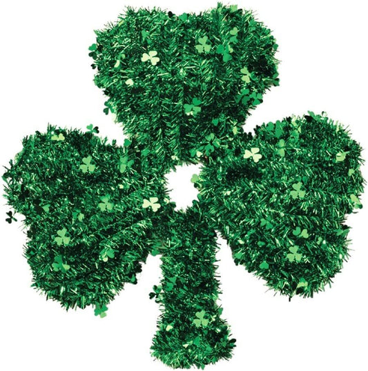 HL St Patrick's Day Decor - Tinsel 3 Leaf Clover Shamrock Plastic Tinsel Wreath