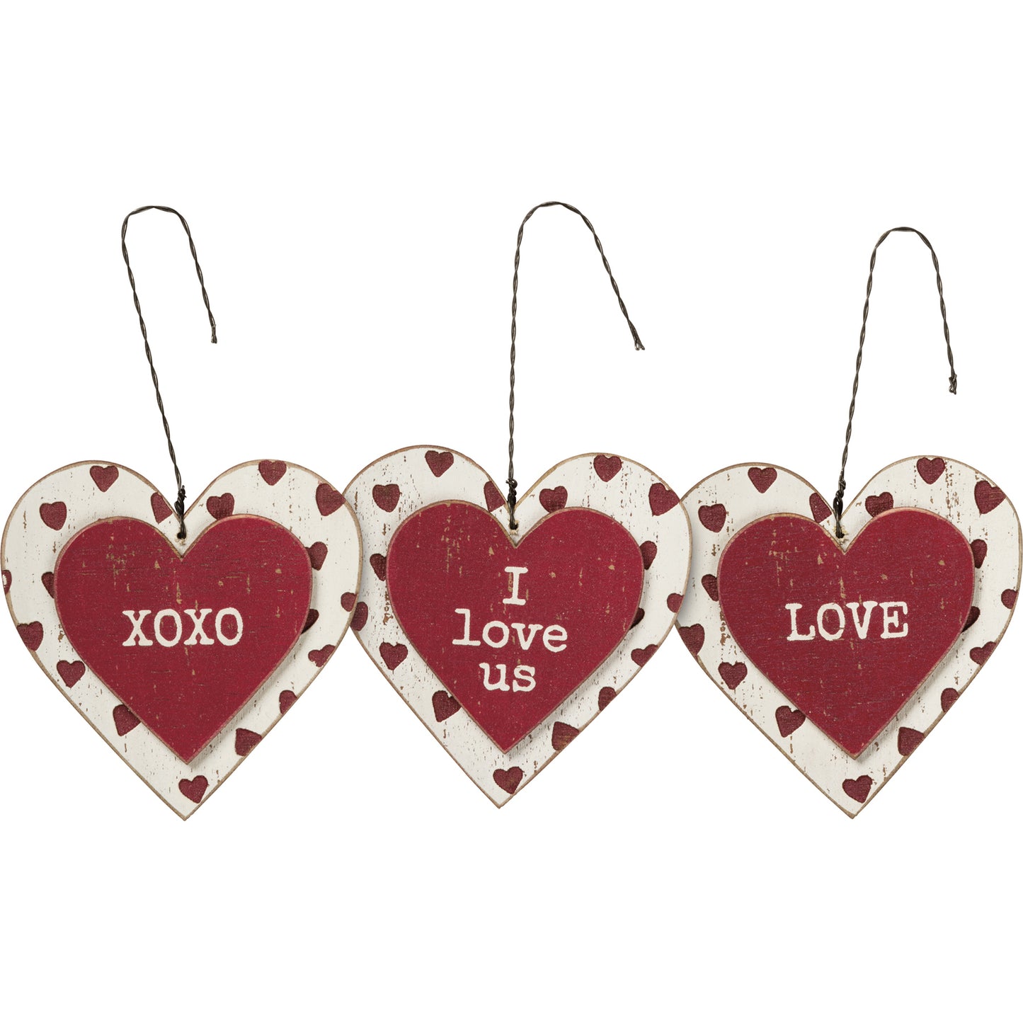 PBK Valentines Decor - Love Us XOXO Prim Wood Heart Ornament 3pc