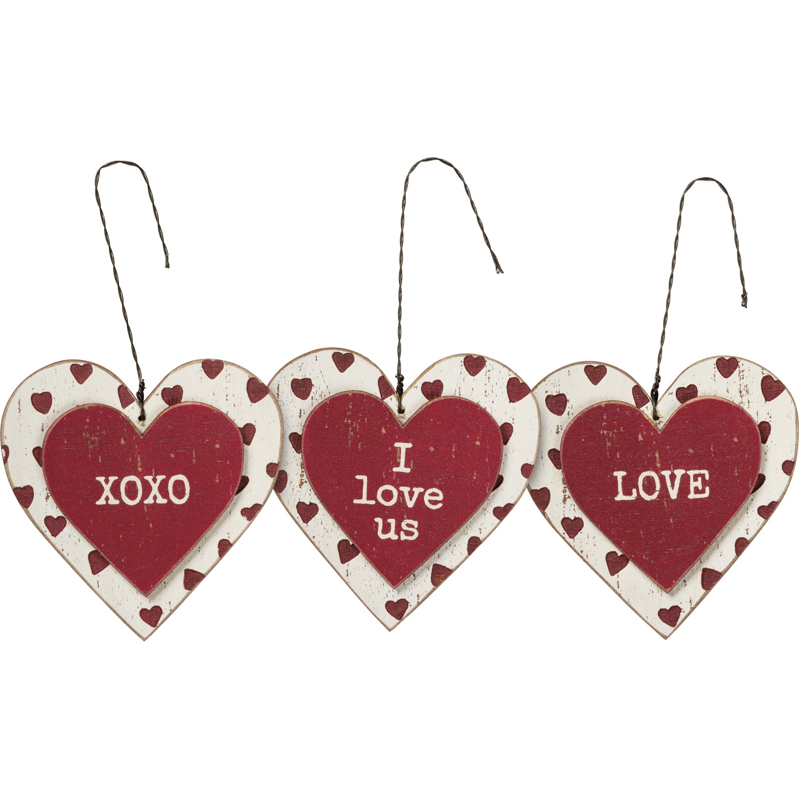 PBK Valentines Decor - Love Us XOXO Prim Wood Heart Ornament 3pc