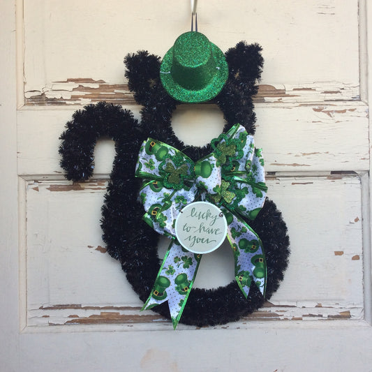 AGD Saint Patricks Decor - Green Black Cat Lucky To Have You Tinsel Wreath