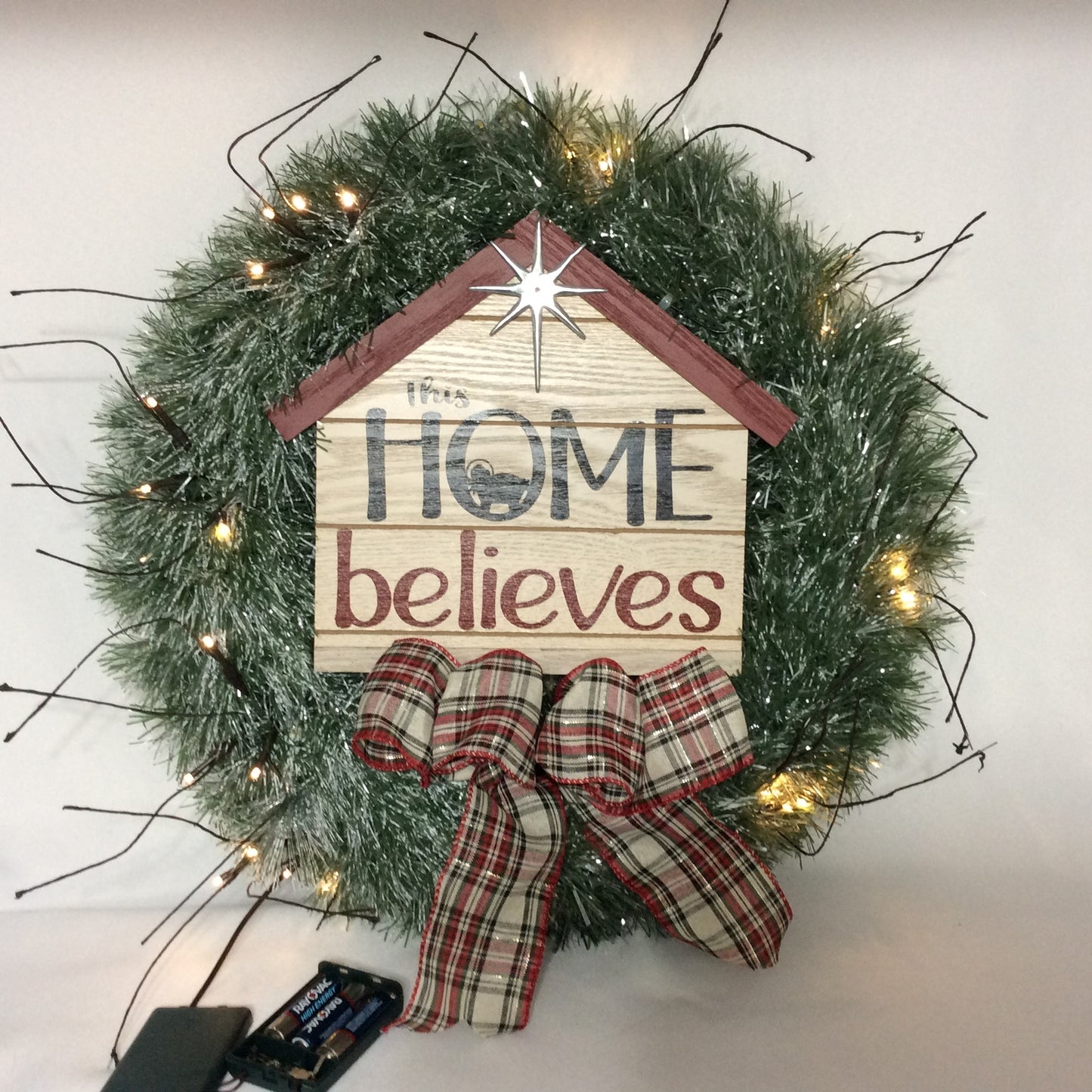 AGD Christmas Decor - Faux Pine This Home Believes Lighted Tinsel Wreath