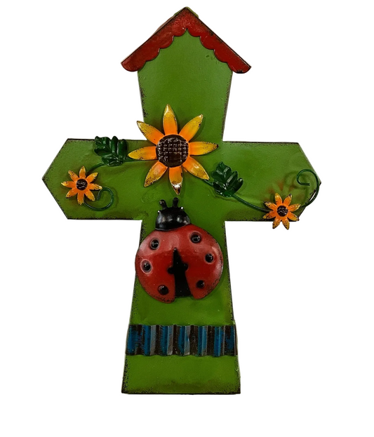 SPI Spring Summer Decor - Lady Bug Sunflower Metal House Cross Sign