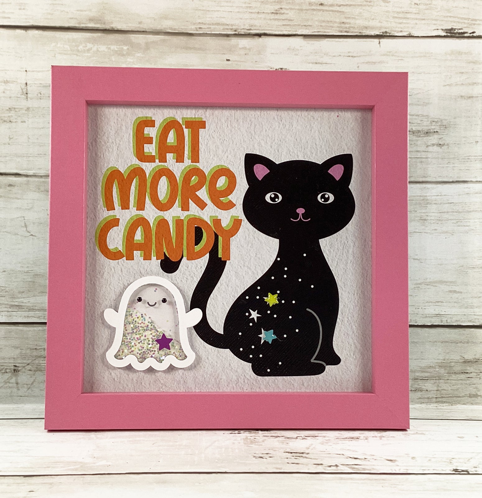 Halloween Decor Pastel Cat Ghost Trick Treat Shaker Signs 3pc Set