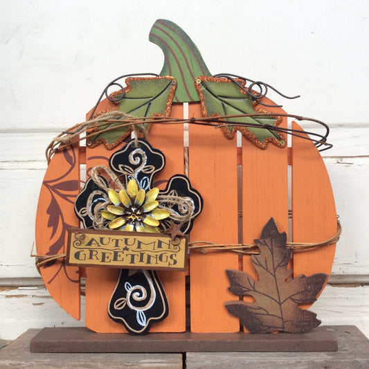 AG Designs Fall Decor - Slat Pallet Pumpkin - Cross & Autumn Greetings
