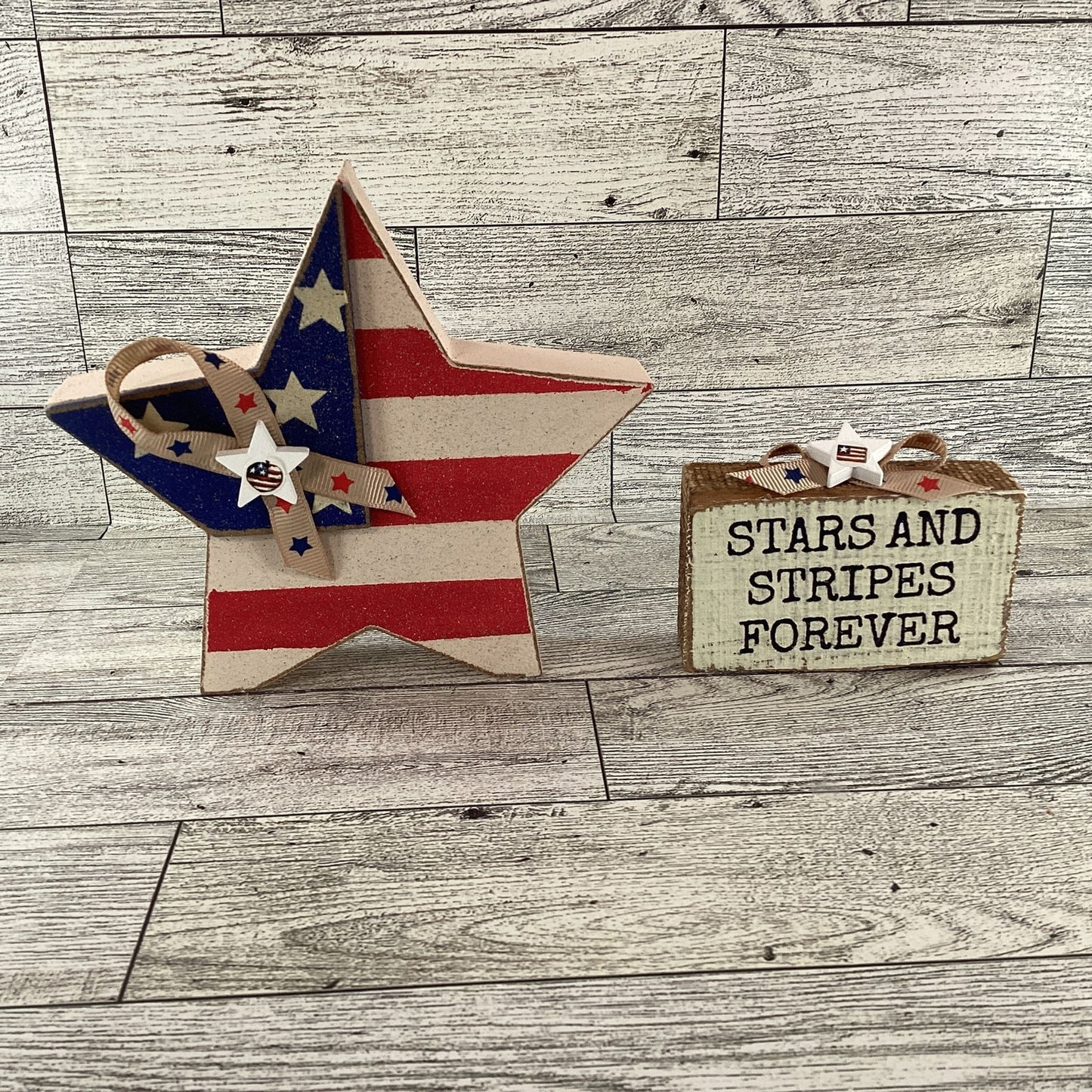 AGD Patriotic Decor - Stars Stripes Block Sign Chunky Wood Star Sitters 2pc Set
