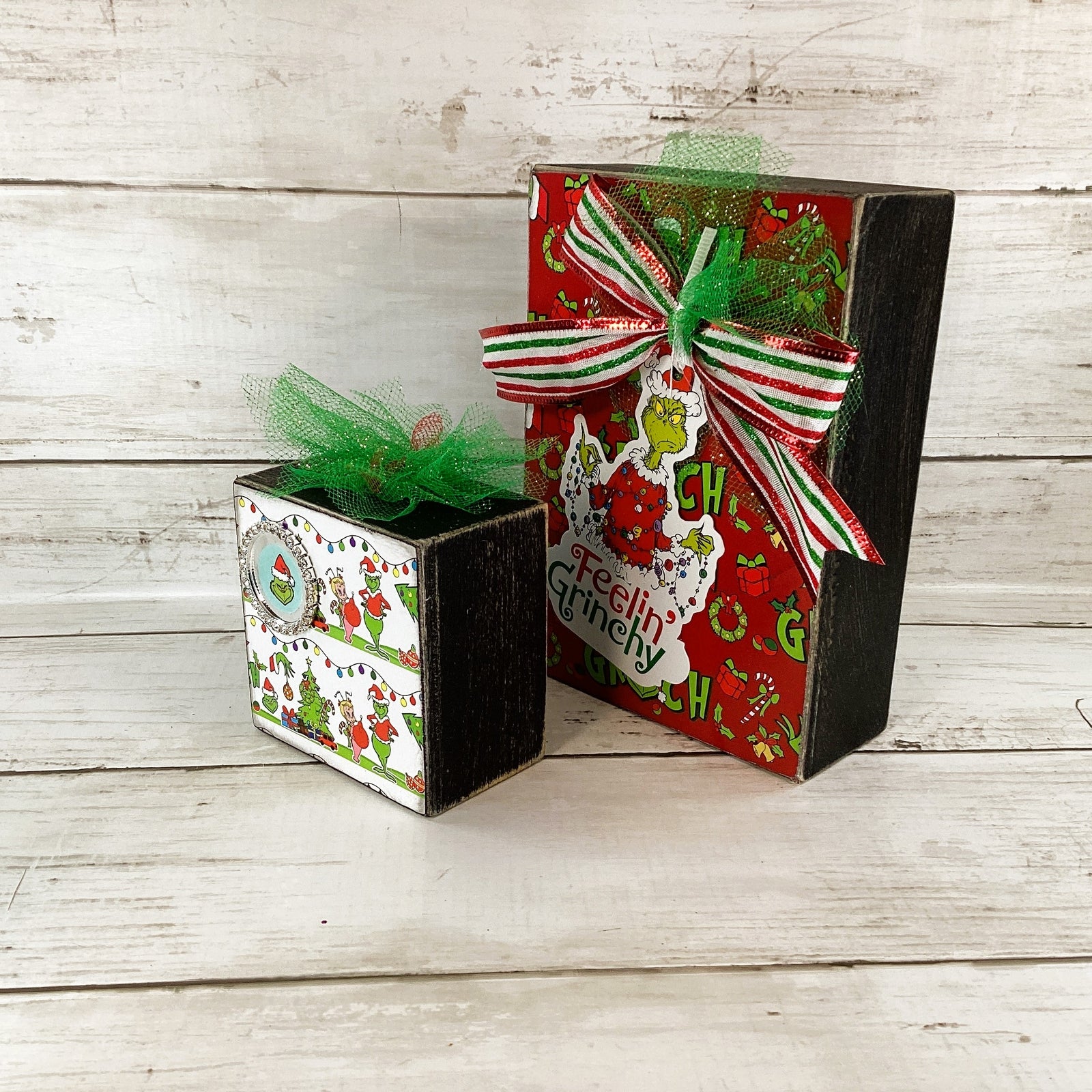 AGD Christmas Decor - Whimsy Green Monster Wood Gift Box Signs 2pc