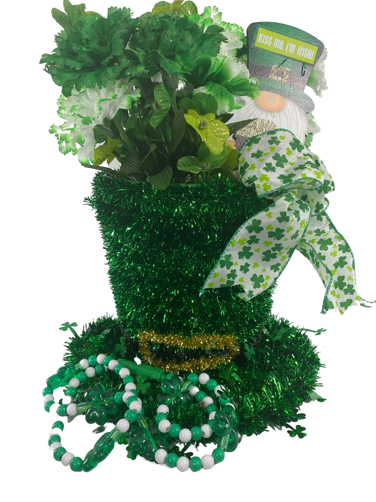 AGD St Patrick's Decor - Large Green Lighted Tinsel Tophat Centerpiece