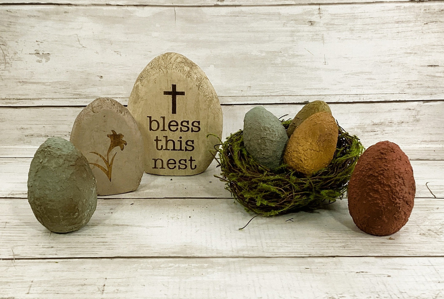 CWI Spring Decor - Bless This Mess Wood Eggs & Nest 8pc Set