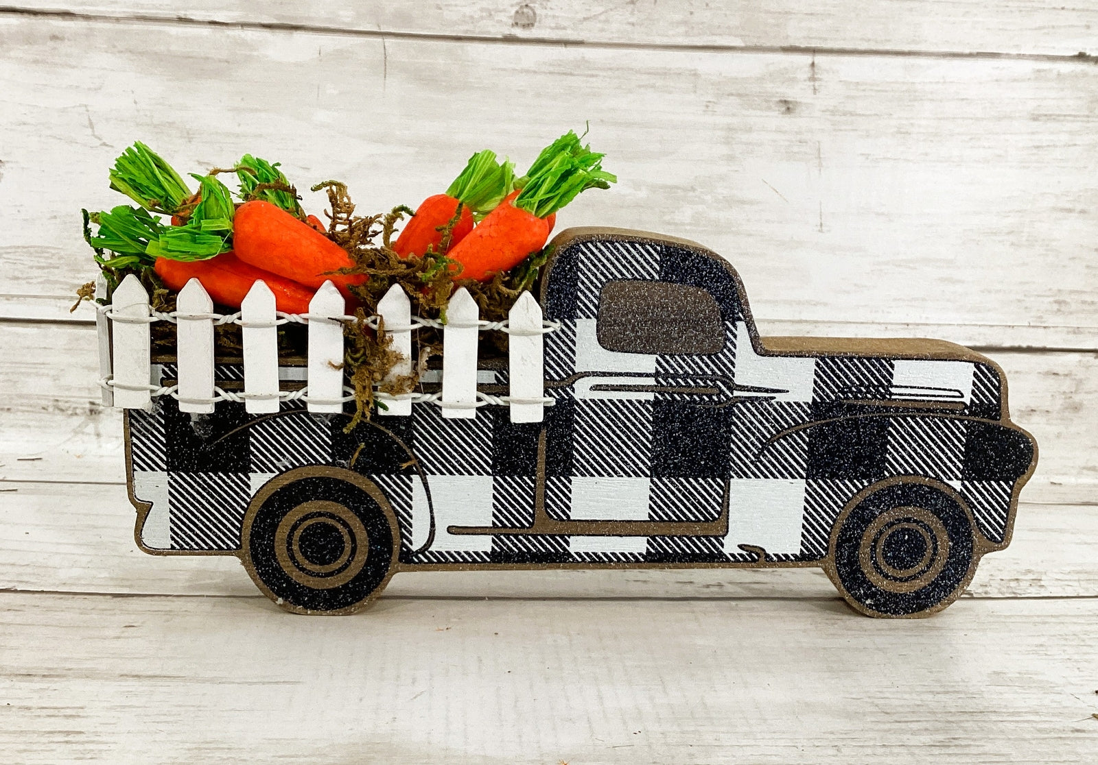 AGD Easter Decor - Bunny Welcome Black White Plaid Sign Carrot Truck 3pc