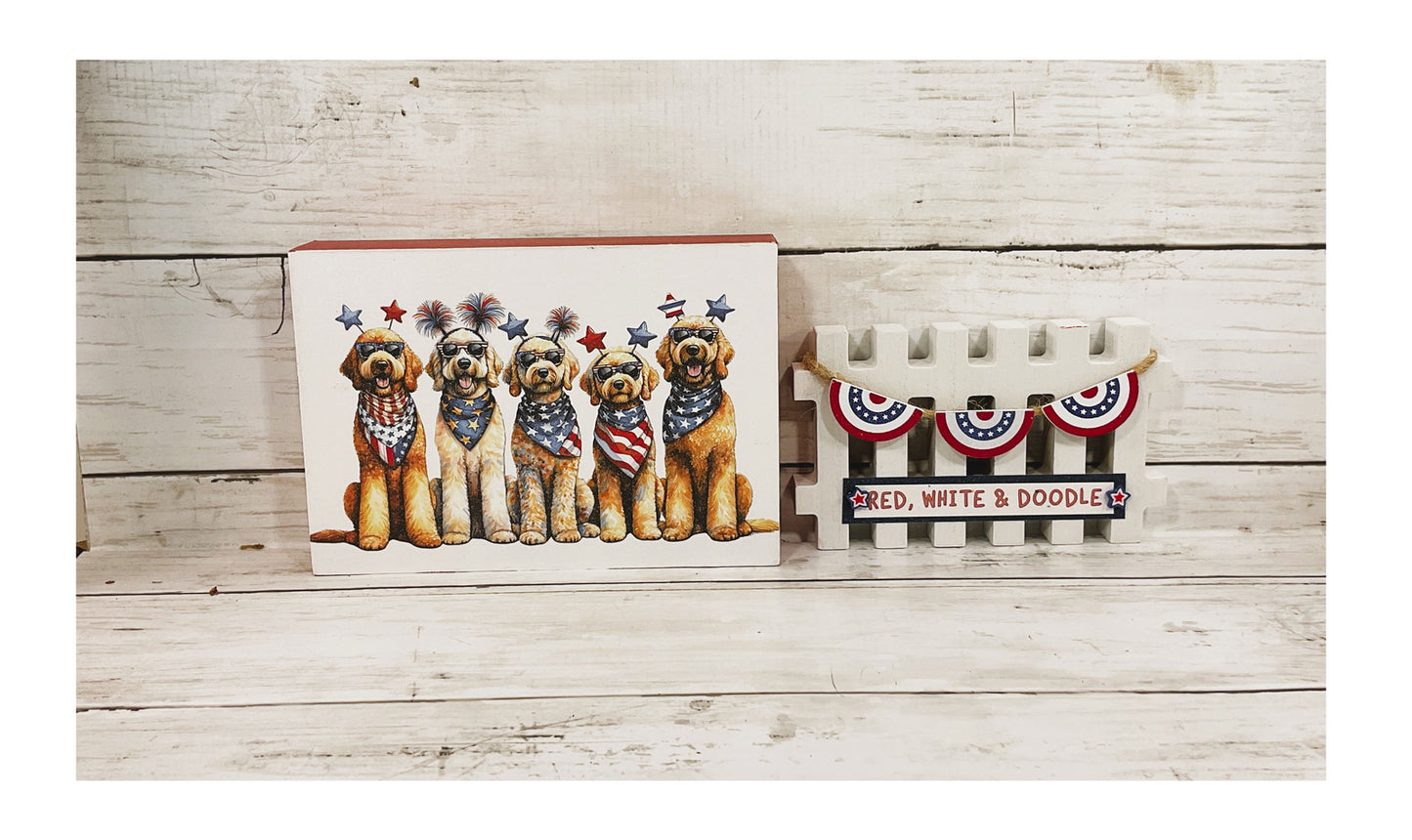 AGD Patriotic Decor - Red White Doodle Dog Pet Sign & Fence 2pc