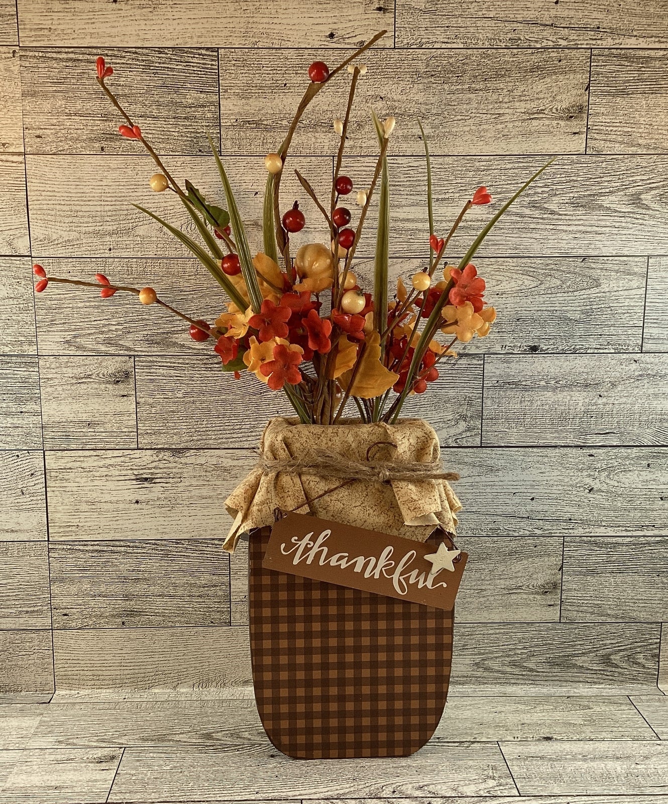 AGD Fall Decor - Autumn Grateful Thankful Floral Wood Mason Jar Display