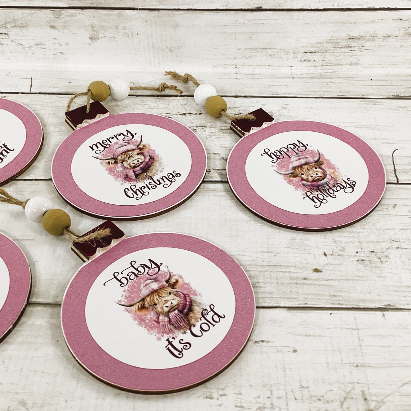 AGD Christmas Decor - Pink Highland Scottish Cow Ornaments 4pc Set