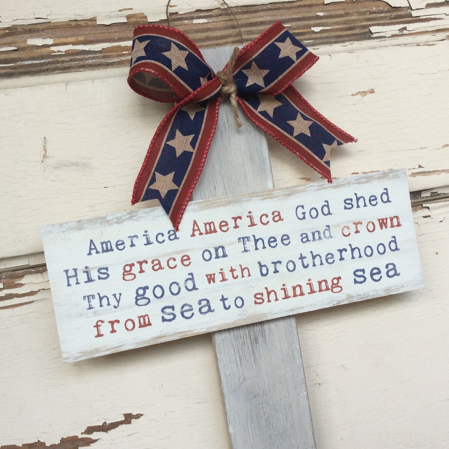 AGD Patriotic Decor -  God Shed His Grace Whitewash Wood Cross