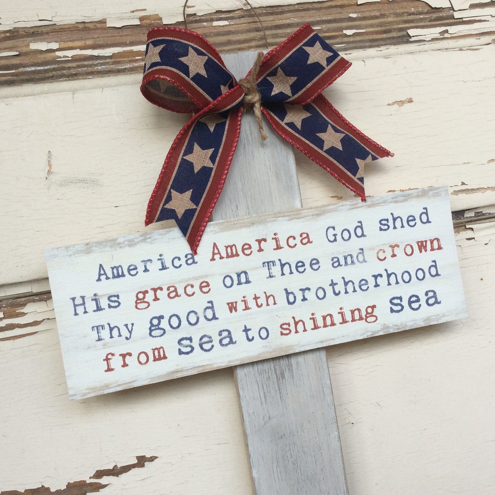 AGD Patriotic Decor -  God Shed His Grace Whitewash Wood Cross