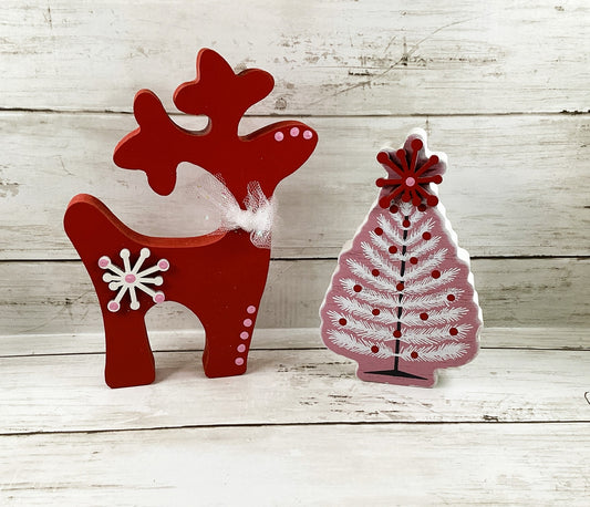 AGD Christmas Decor - Pink Red Mid Century Tree LG Reindeer Display 2pc