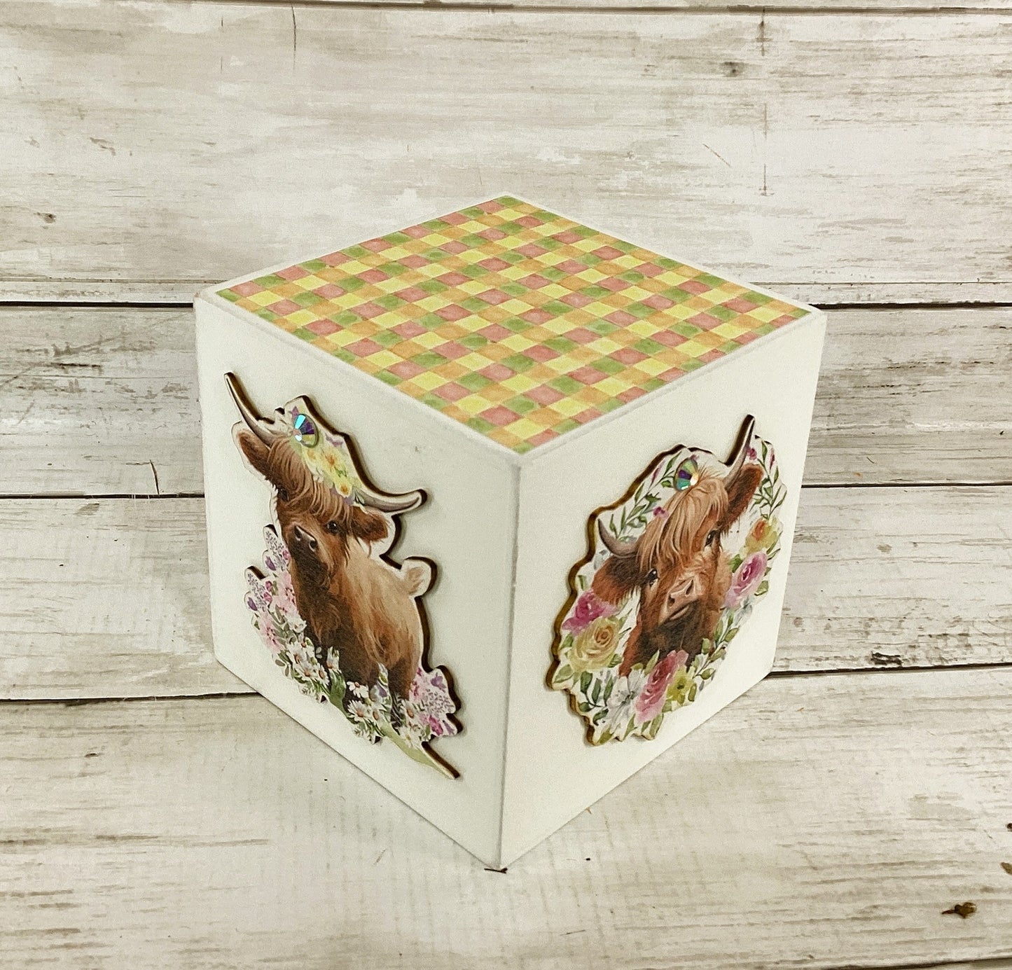 AGD Spring Decor - Floral Flower Highland Cow Chunky Block Sign 1pc