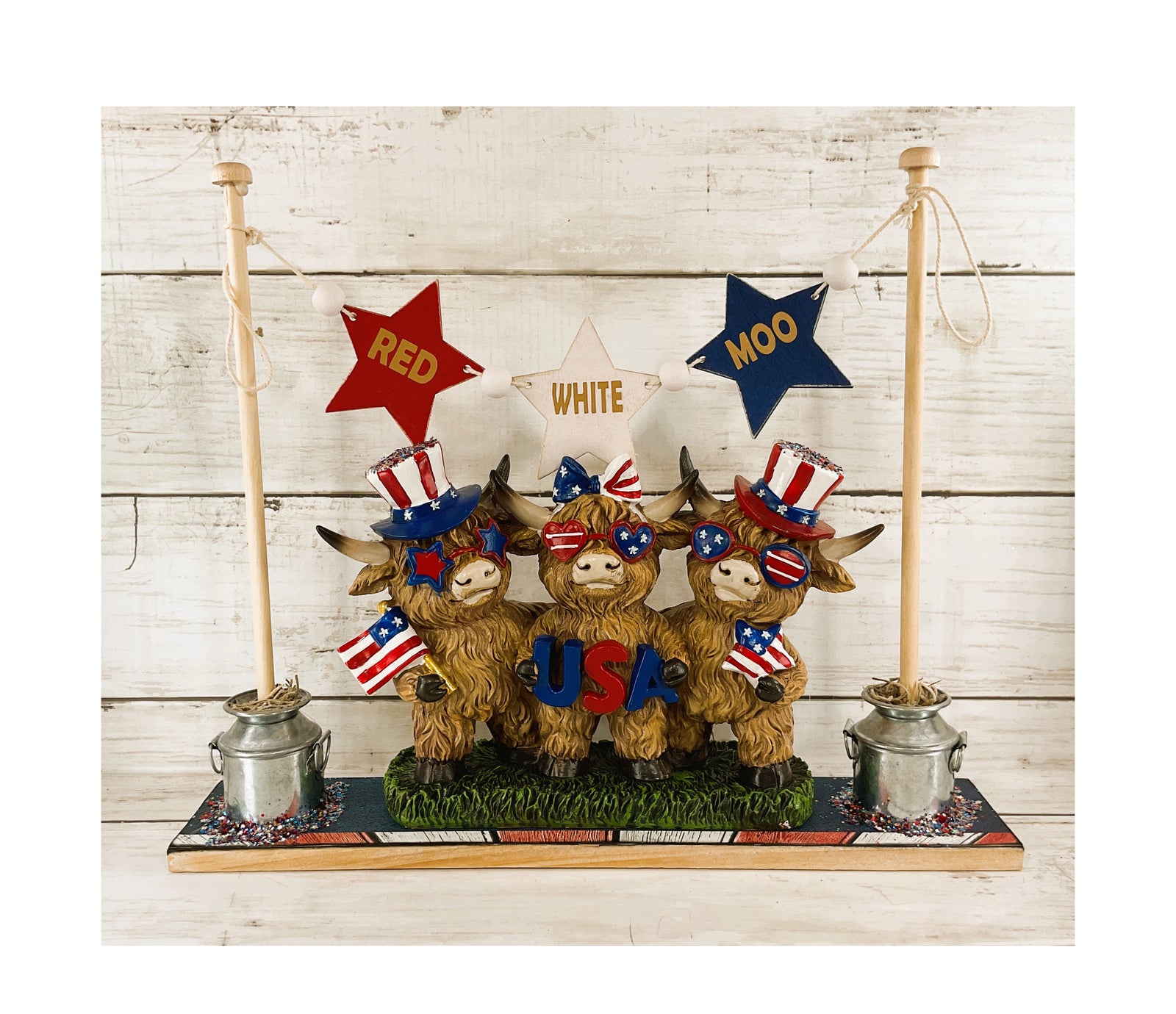 AGD Patriotic Decor - Red White Moo July 4th Highland Cows Banner Stand