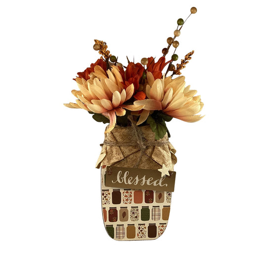 AGD Fall Decor - Autumn Blessed Grateful Floral Wood Mason Jar Display
