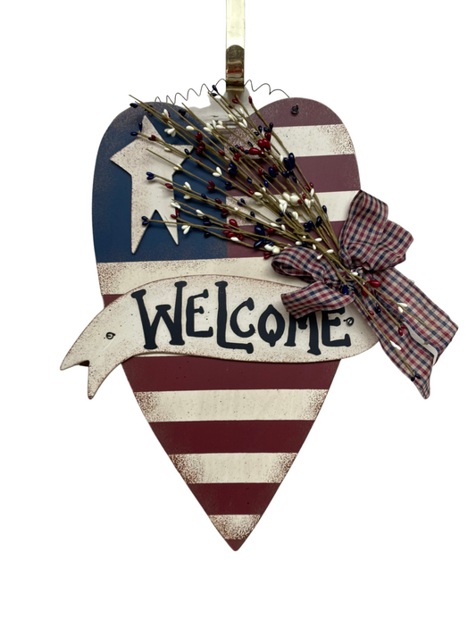 Patriotic Decor - Welcome Heart American Flag With Ribbon