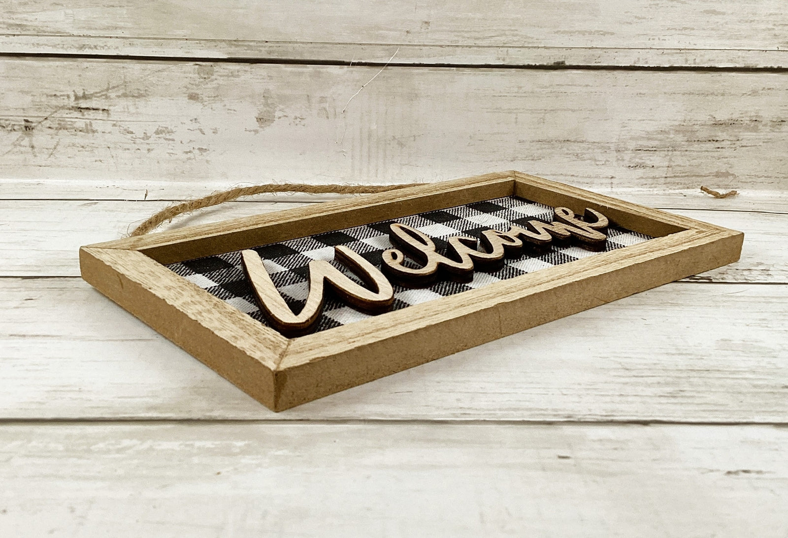 WM Farmhouse Welcome Black White Plaid Tiered Tray Sign