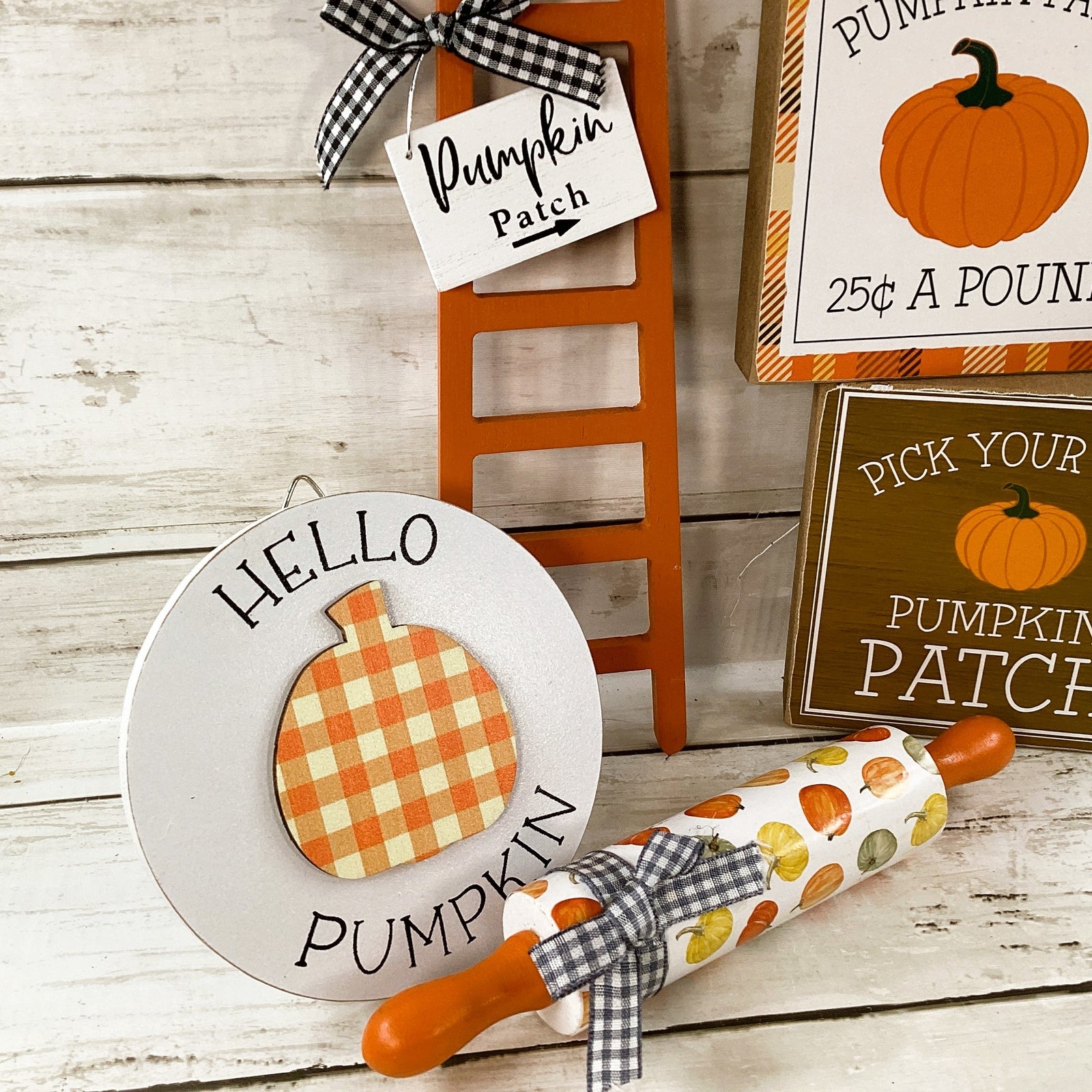 HL Fall Decor - Hello Pumpkin Theme Ladder Rolling Pin Tier Tray 5pc Set