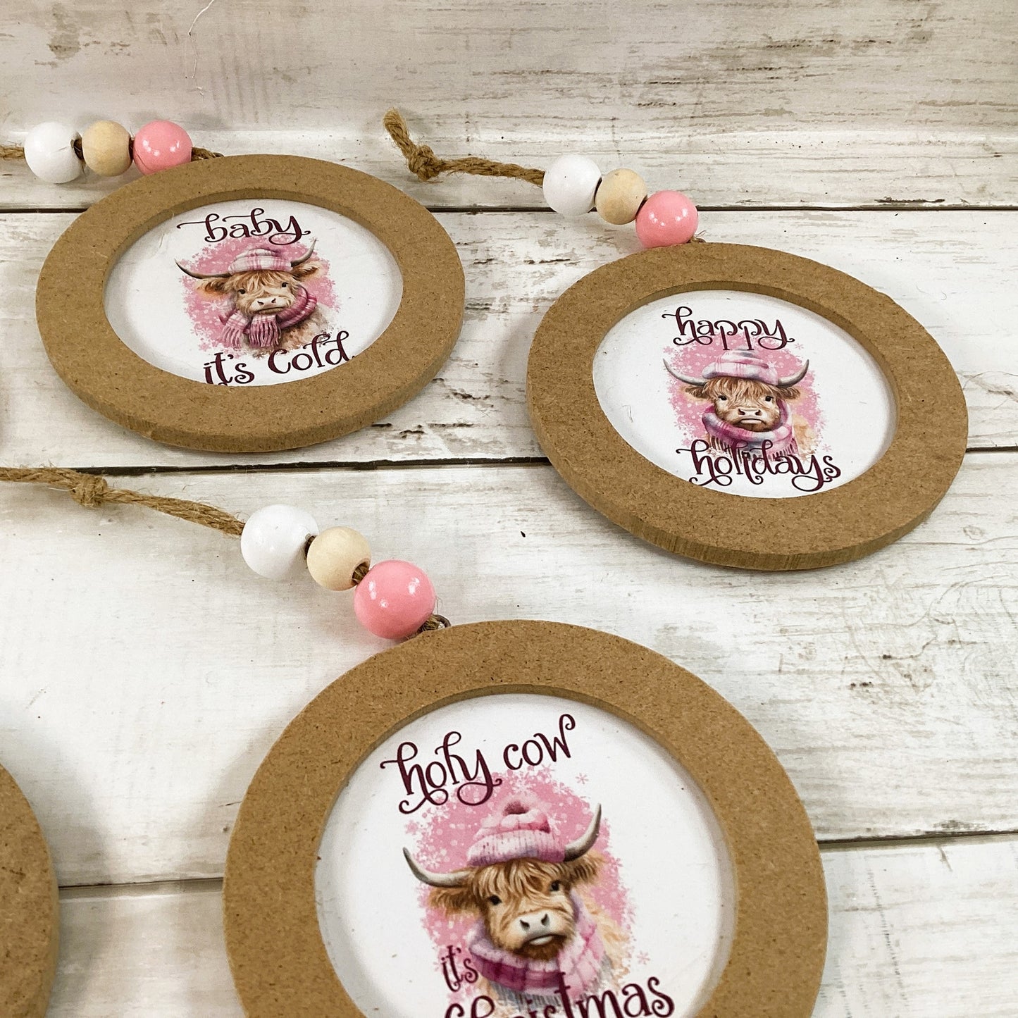 AGD Christmas Decor - Pink Highland Scottish Cow Ornaments 4pc Set