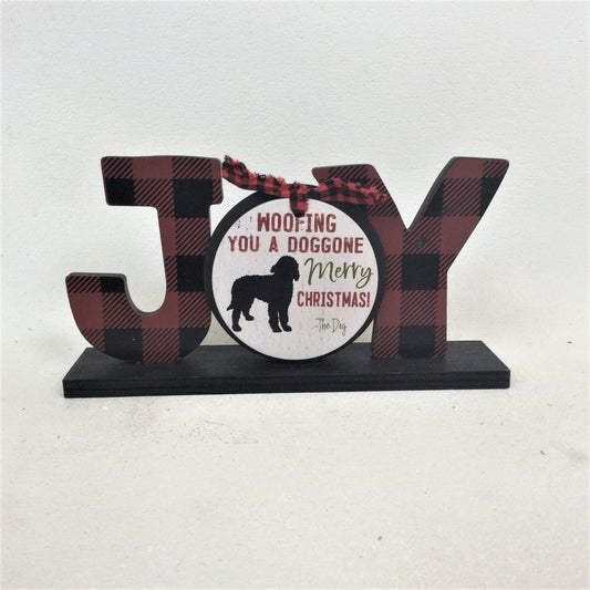 AGD Christmas Decor - Buffalo Check Plaid Joy Dog Tabletop Sign