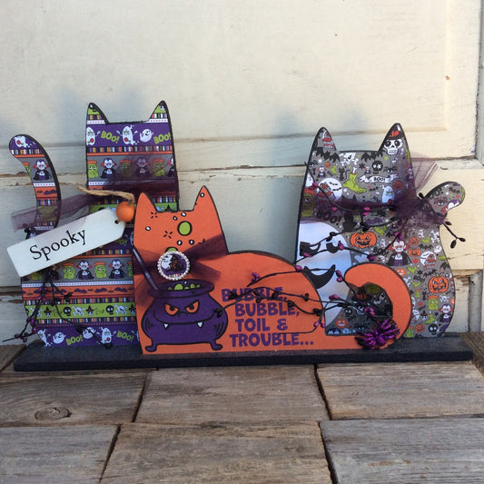 AGD Halloween Decor - Modern Prim Wood Trio Cat Tabletop Decor