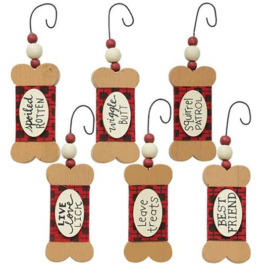 CWI Christmas Decor - Prim Dog Bone Treat Ornaments 6pc Set