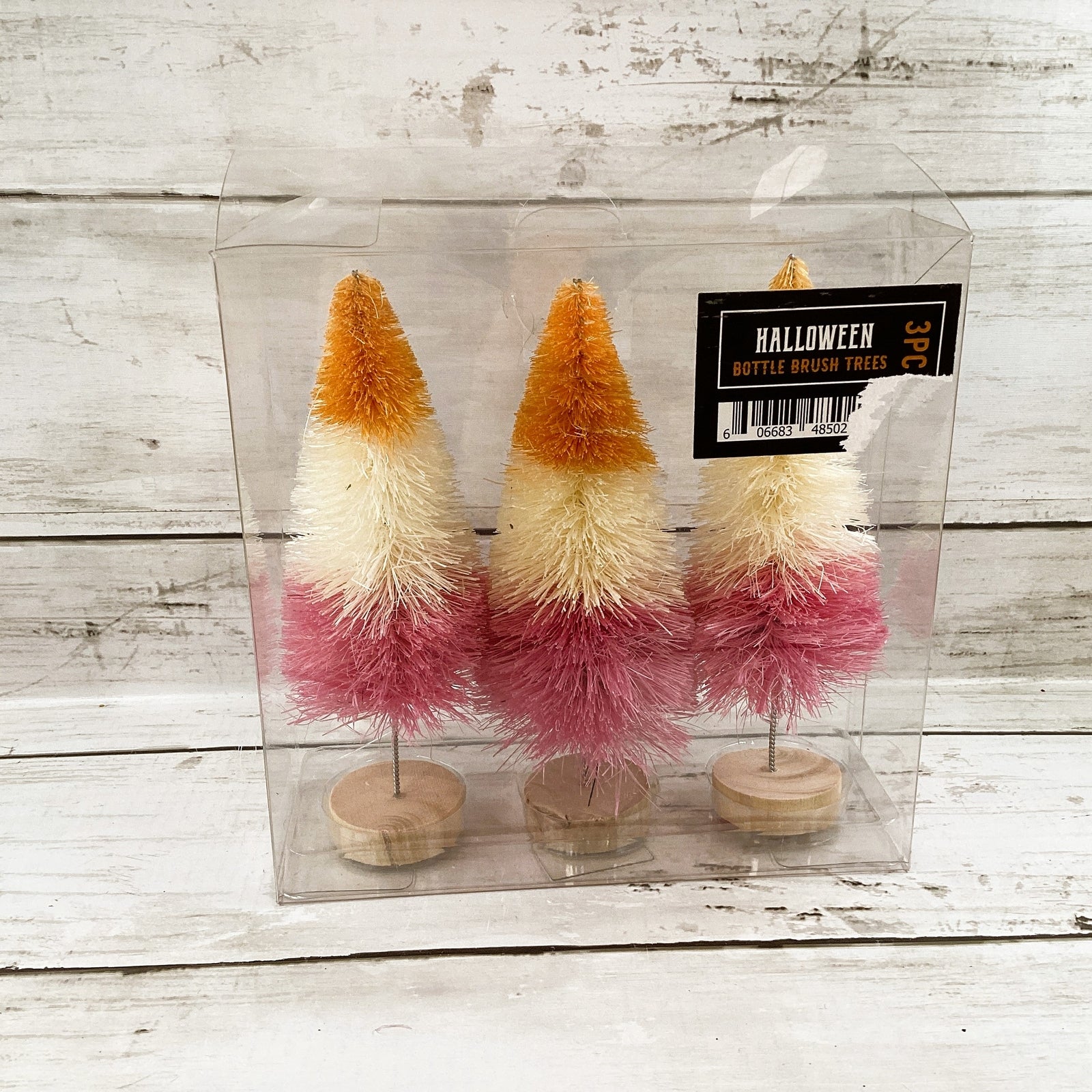 WM Halloween Decor - Small Bottle Brush Orange White Pink Trees 3pc Set