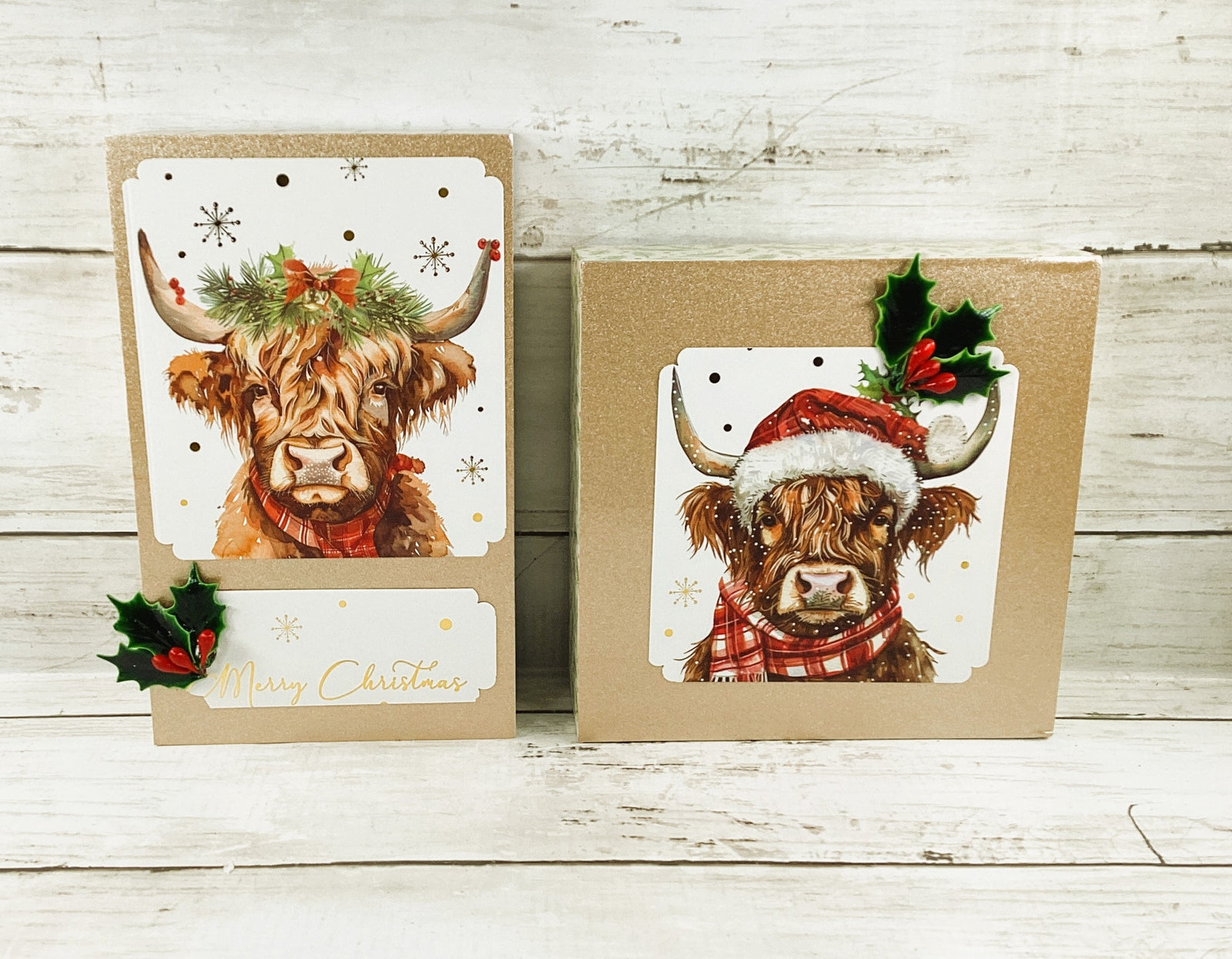 AGD Christmas Decor - Highland Scottish Cow Tabletop Box Signs 2pc Set