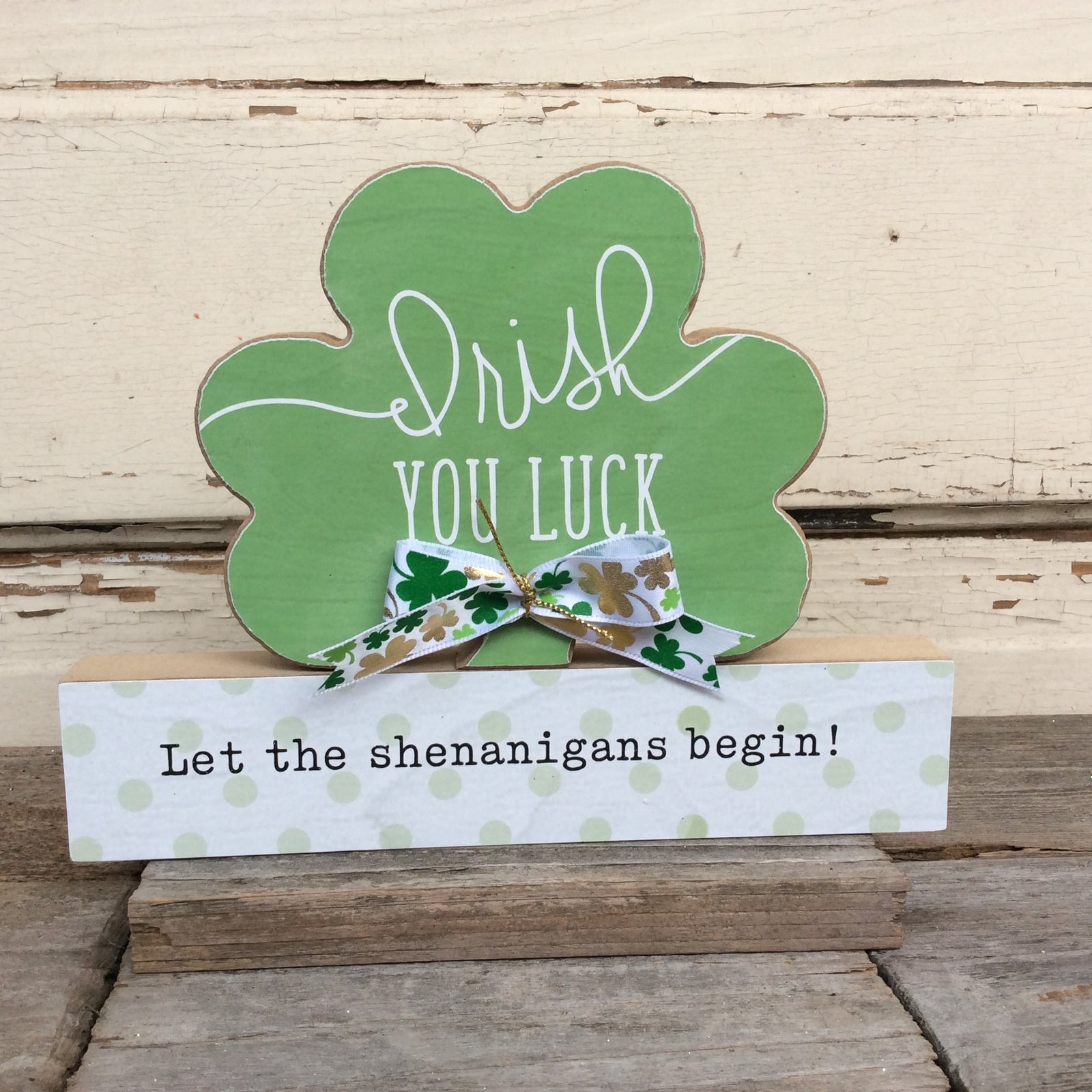 AGD St Patrick's Decor - Irish Lucky Shenanigans Chunky Shamrock Sign 2pc.