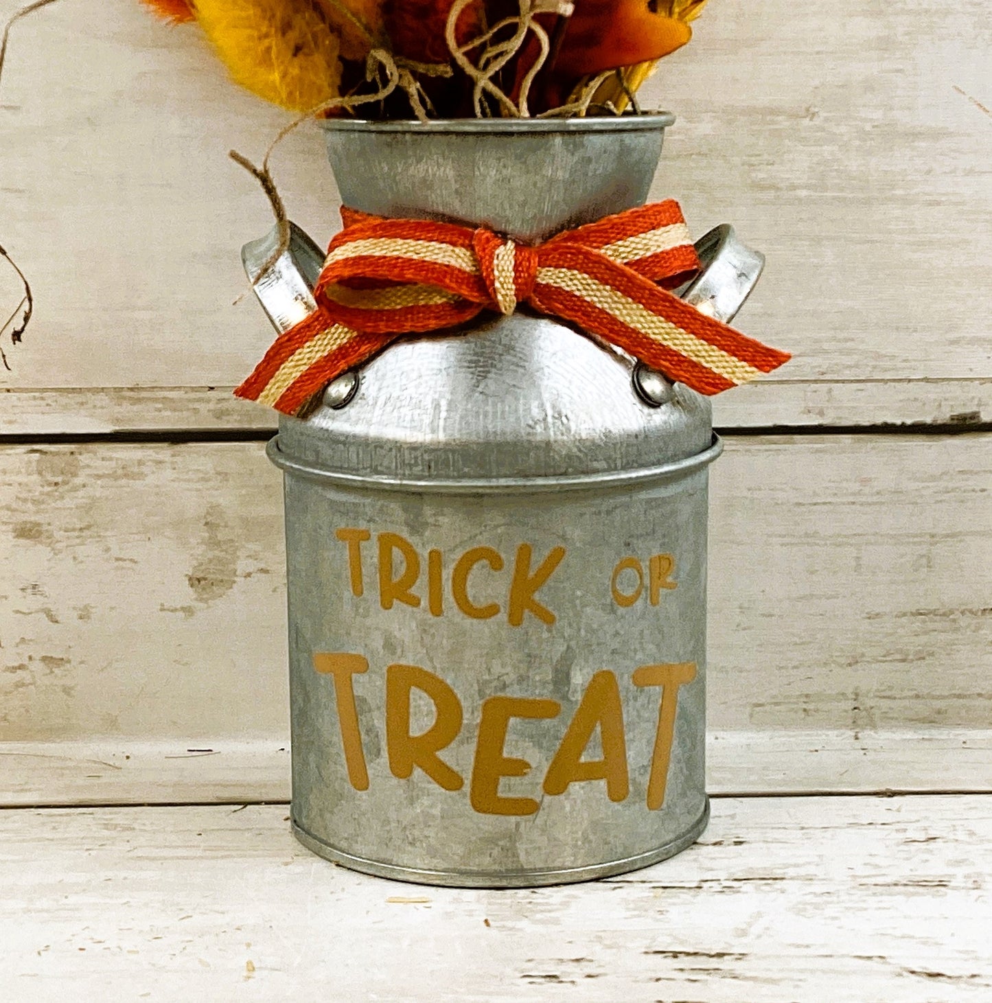 AGD Fall Decor - Trick Treat Candy Corn Galvanized Metal Floral Milk Can
