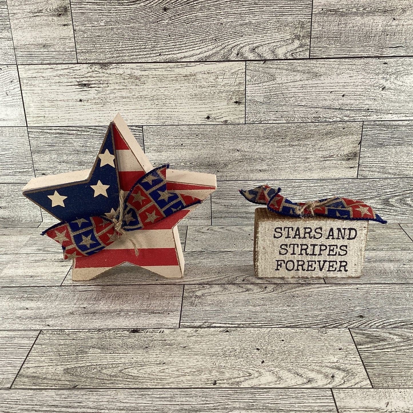 AGD Patriotic Decor - Stars Stripes Block Sign Chunky Wood Star Sitters 2pc Set