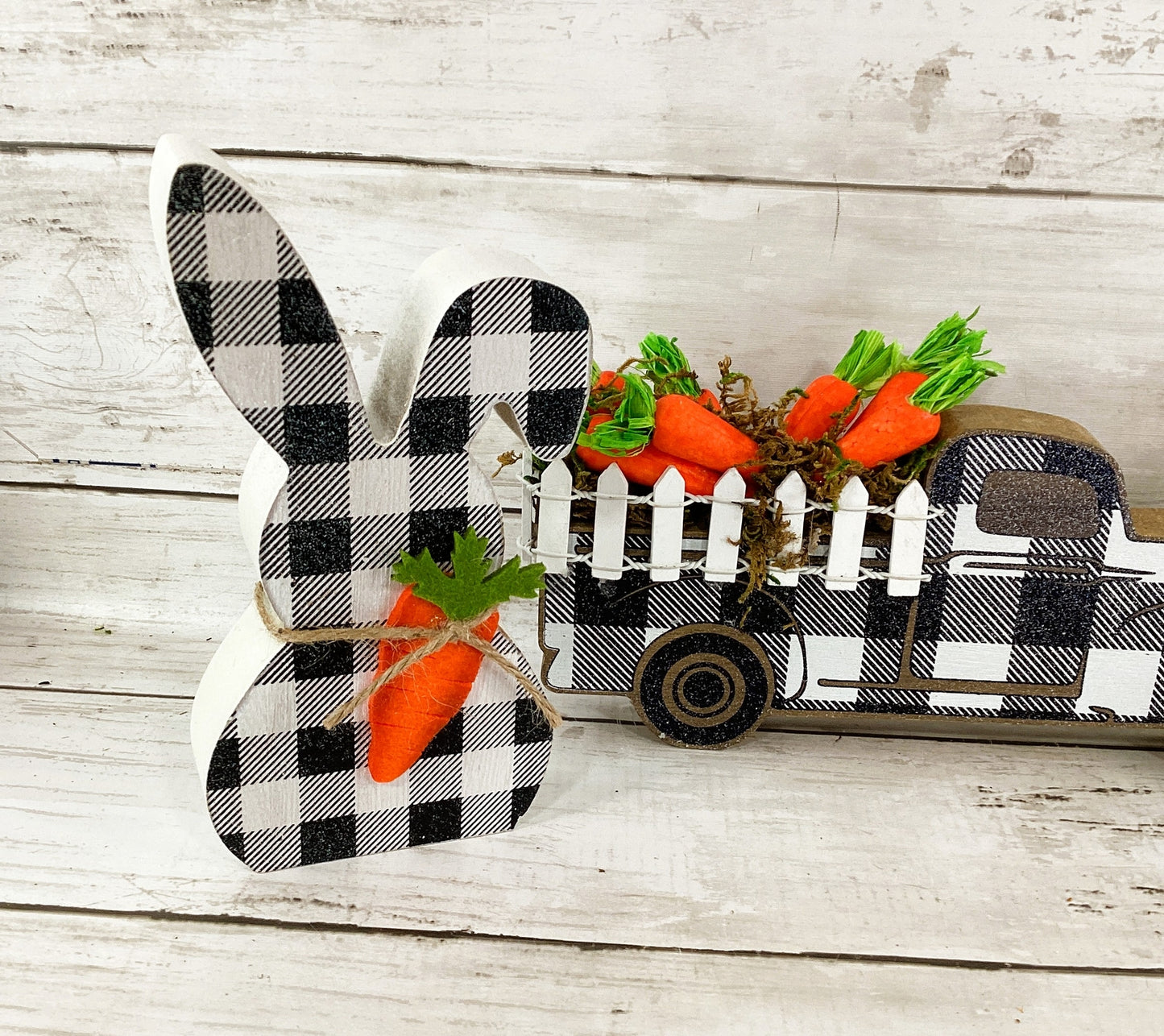 AGD Easter Decor - Bunny Welcome Black White Plaid Sign Carrot Truck 3pc